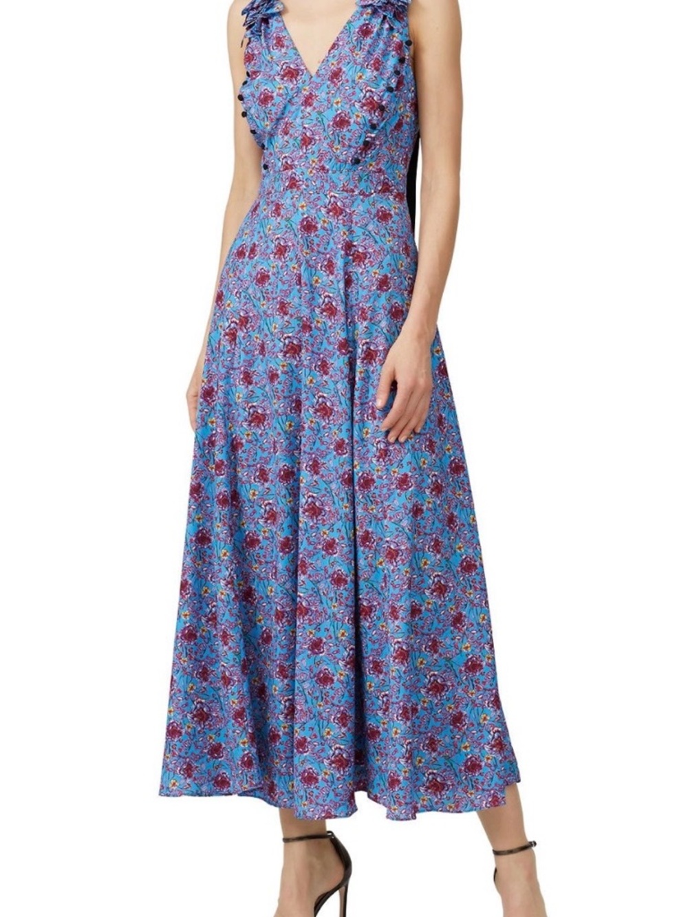 Prabal Gurung Blue Floral V-Neck Ruffle-Trim Maxi Dress Sz 4
